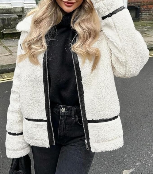 Tankaneo Womens Faux Fur and Leather Moto Jacket