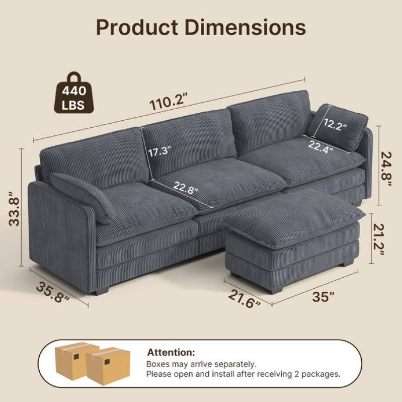 Aiho 110” L-Shape Cloud Sectional Sofa with Ottoman&Deep Seat, Upholstered Couches for Living Room, Dark Gray