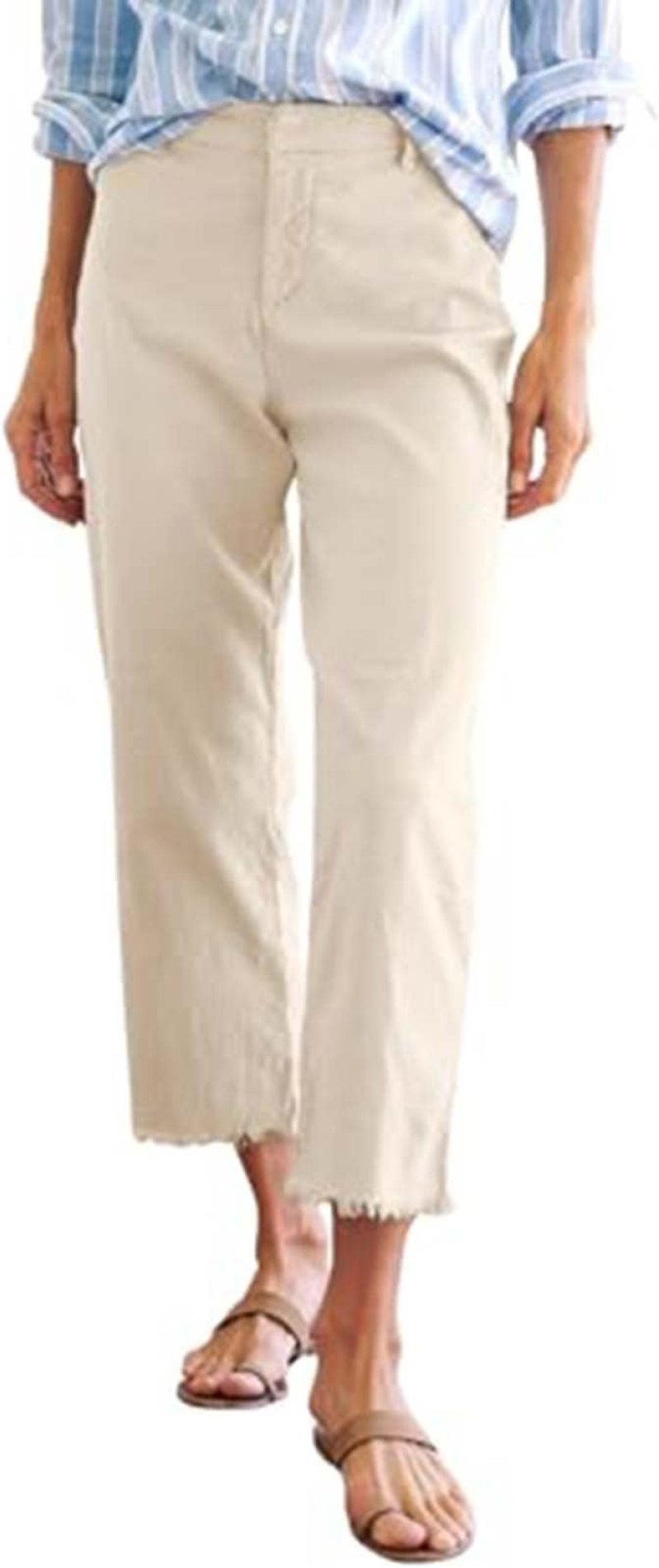 Women's Linen Pants - High Waisted Straight Leg Capri with Pockets