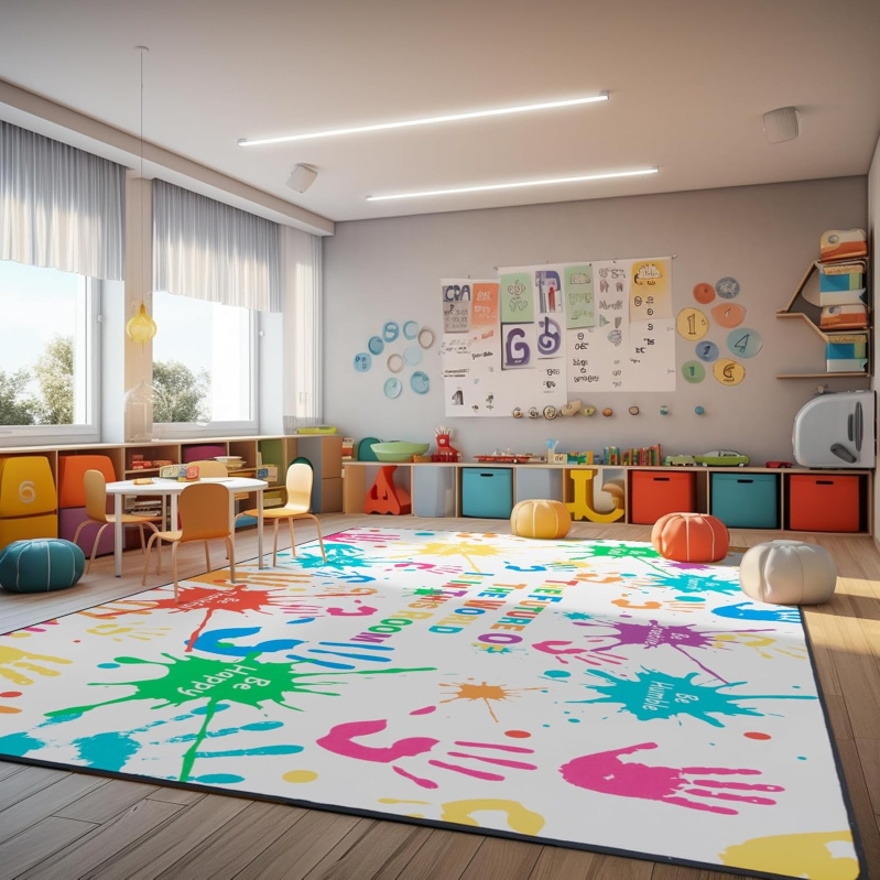 Colorful Handprints Kids Area Rug for Playroom & Classroom (5x6.5 ft)