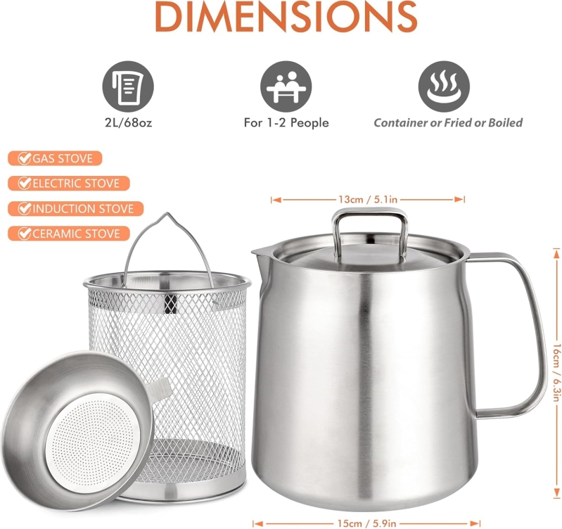 2L Stainless Steel Oil Filter Pot & Bacon Grease Saver