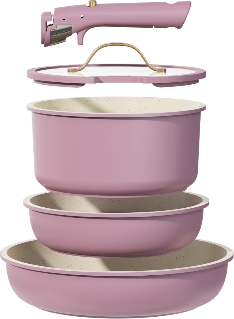 CAROTE 5-Piece Nonstick Cookware Set with Detachable Handle (Gold & Purple)