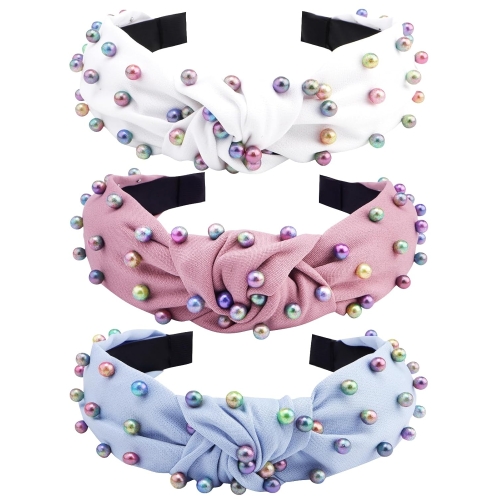 COCIDE 3-Pack Colorful Pearl Knotted Headbands for Women