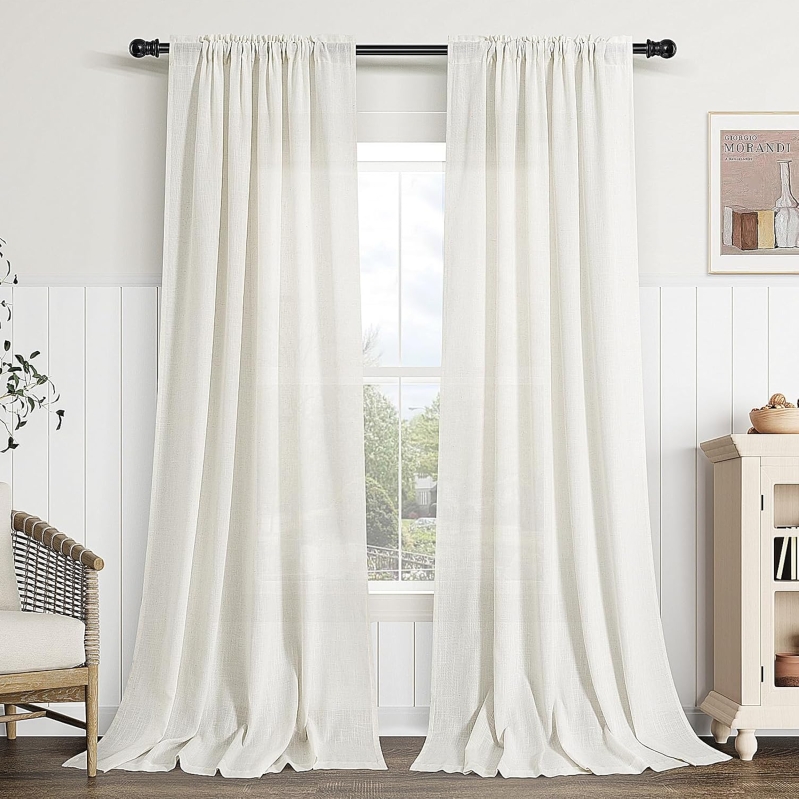 Guken Natural Linen Curtains, 2 Panel Set, Cream Ivory