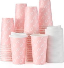 Tamone 16oz Disposable Coffee Cups with Lids (100-Pack, Pink)