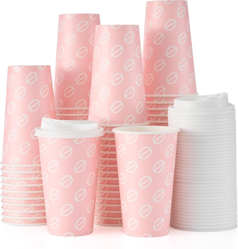 Tamone 16oz Disposable Coffee Cups with Lids (100-Pack, Pink)