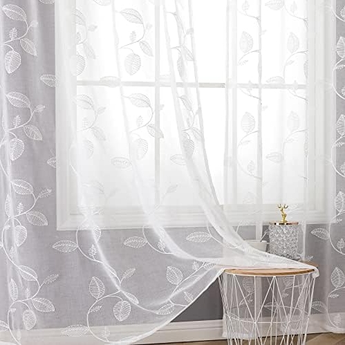 BGment Embroidered Leaf Faux Linen Sheer Curtains (84-Inch)