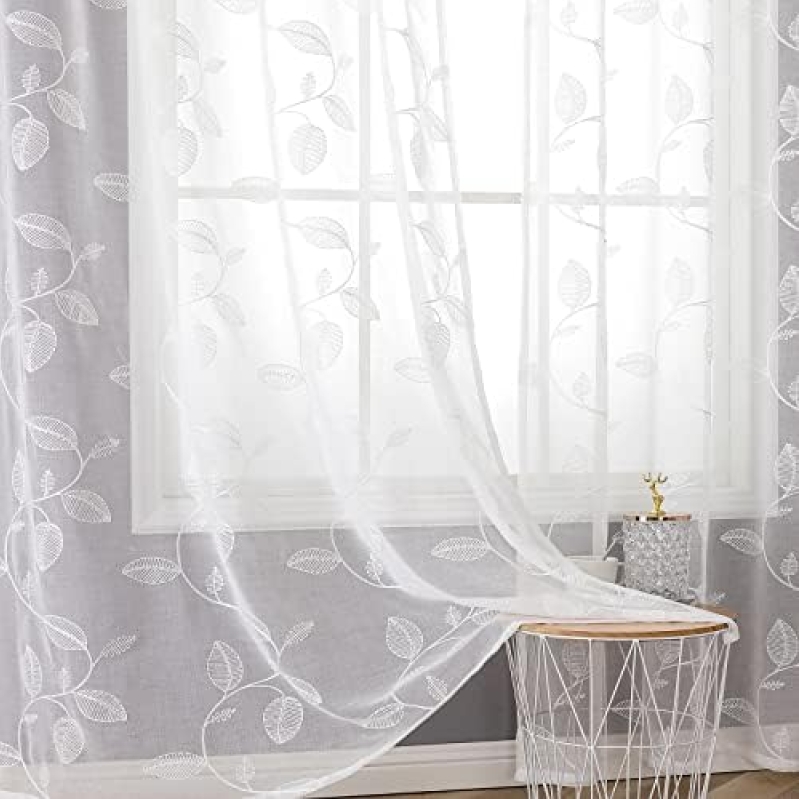 BGment Embroidered Leaf Faux Linen Sheer Curtains (84-Inch)