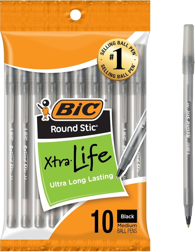 BIC Round Stic Xtra Life Ballpoint Pens (10-Pack, Black)