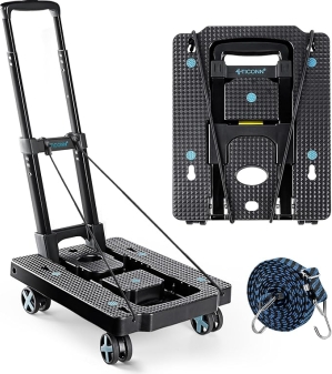TICONN Folding Dolly Cart – 110 lbs Capacity, Adjustable Handle, 4-Wheel Portable Hand Truck for Luggage, Shopping & Warehouse Use