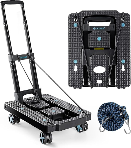 TICONN Folding Dolly Cart – 110 lbs Capacity, Adjustable Handle, 4-Wheel Portable Hand Truck for Luggage, Shopping & Warehouse Use