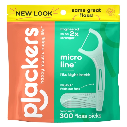 Plackers Micro Line Dental Floss Picks, 300 Count – FlipPick Toothpick, Tuffloss, Mint Flavor, Sure-Zip Seal