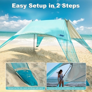 INSTANTENT Large Portable Beach Shade – 15x10ft Gull-Wing Tent, UPF50+ Sun Protection, Easy Setup, Ultra-Stable for 1–10 People (Blue)