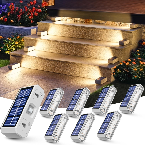 JOFIOS Solar Step Lights (8 Pack) - Warm White Outdoor Stair & Deck Lighting