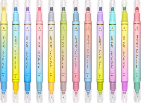 WRITECH Dual Tip Pastel Highlighters, 12-Count Set