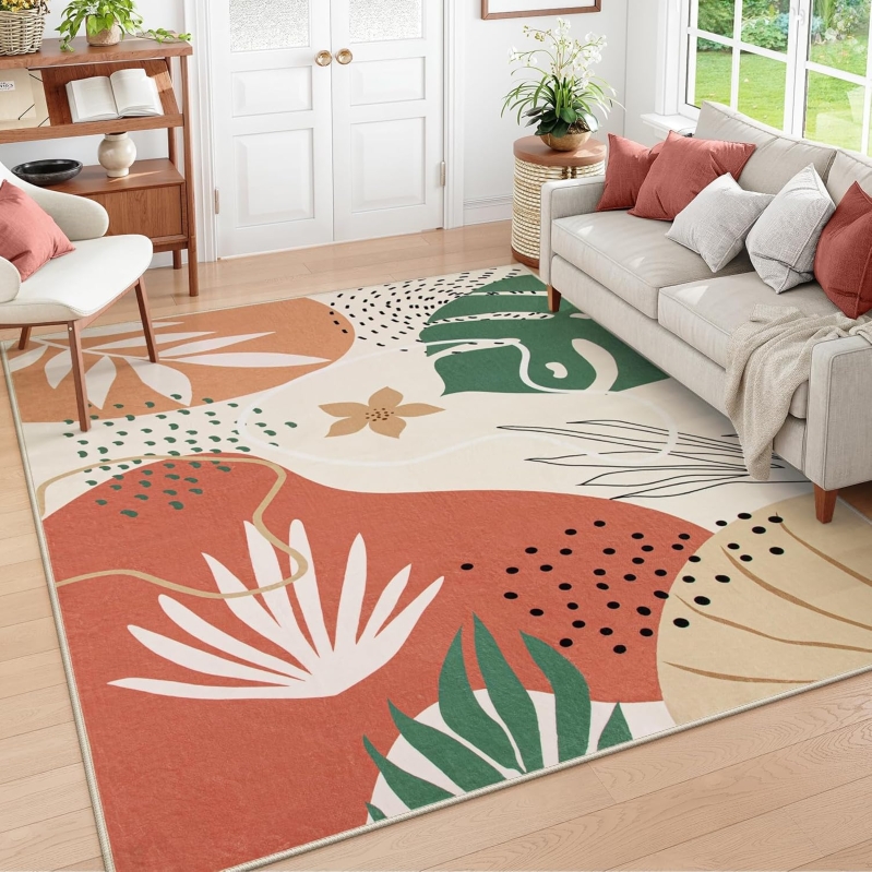 Lahome Botanical Print Washable Area Rug, 5'x7', Coral