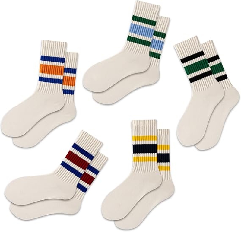 5-Pack Retro Striped Crew Socks with Seamless Toe