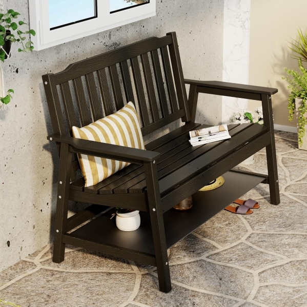 Weatherproof Outdoor Bench | 2-Person with Shelf