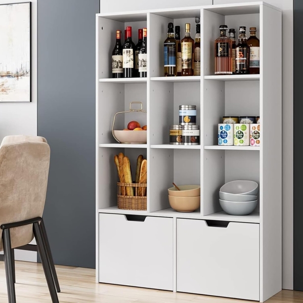 Tall White Bookcase with Drawers and Adjustable Shelves