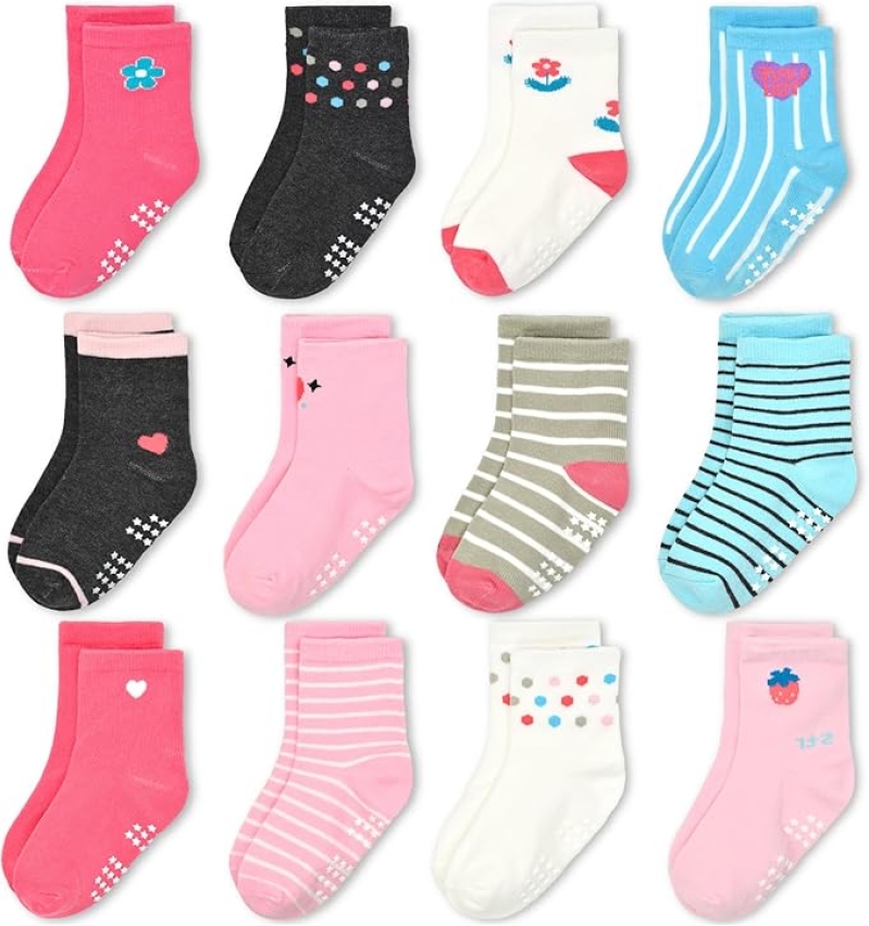 GRPSKCOS Toddler Girls' Non-Slip Crew Socks (12-Pack)