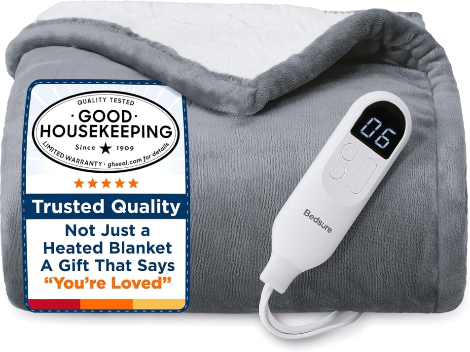 Bedsure Heated Throw Blanket, Flannel and Sherpa
