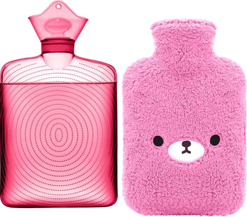 Samply Hot Water Bottle with Fleece Cover - Cute Bear Design for Pain Relief & Warmth