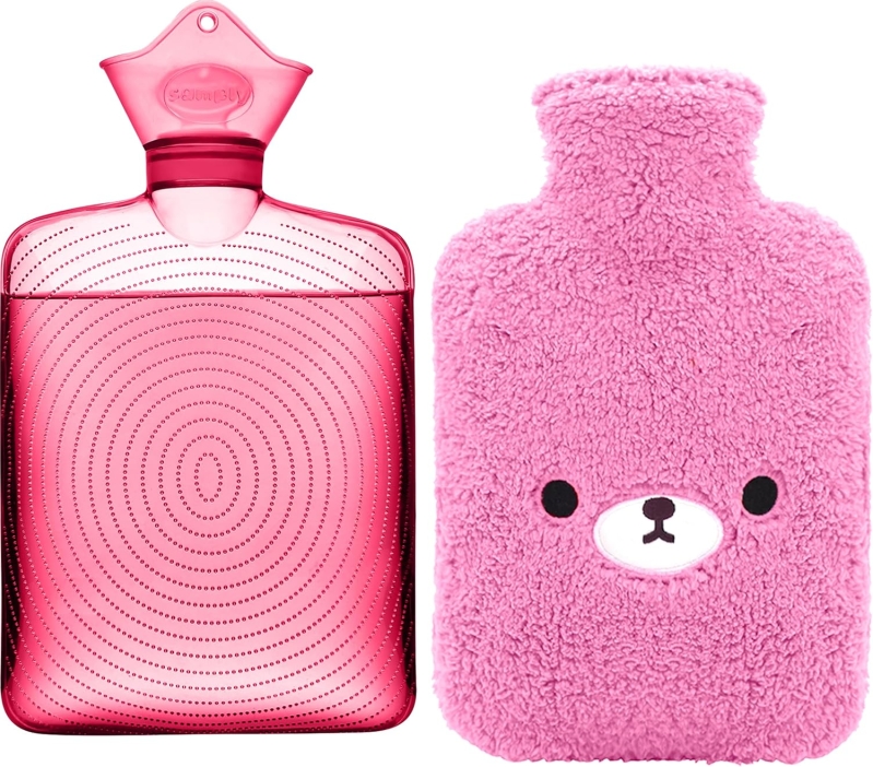 Samply Hot Water Bottle with Fleece Cover - Cute Bear Design for Pain Relief & Warmth