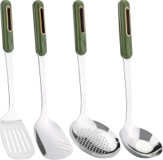 FJNATINH 4-Piece Wok Utensil Set - Stainless Steel Spatula, Ladle & Skimmer | Green Handle