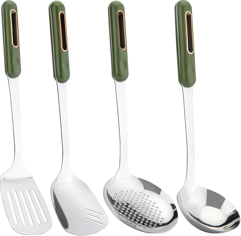 FJNATINH 4-Piece Wok Utensil Set - Stainless Steel Spatula, Ladle & Skimmer | Green Handle