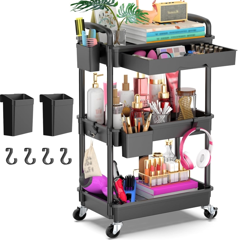 Goovilla 3 Tier Rolling Utility Cart with Removable Drawer | Heavy Duty Black Storage Organizer