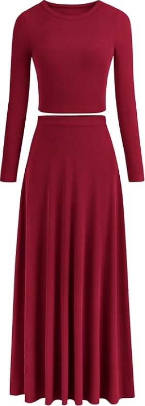 PRETTYGARDEN Ribbed Knit 2 Piece Outfit for Women | Crop Top & Maxi Flowy Skirt Matching Set