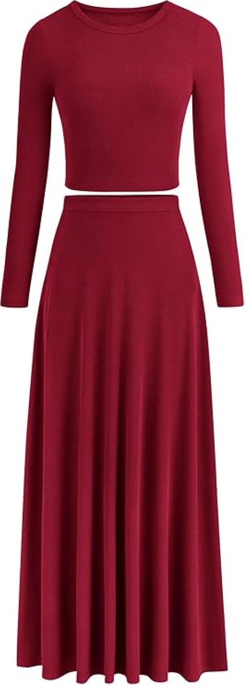 PRETTYGARDEN Ribbed Knit 2 Piece Outfit for Women | Crop Top & Maxi Flowy Skirt Matching Set