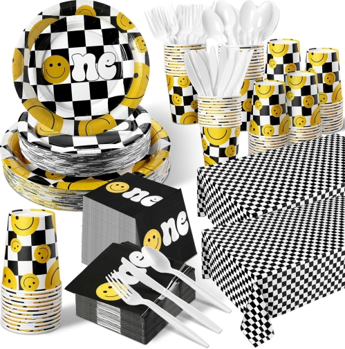 Dandat 402 Pcs Smile Face Disposable Tableware Set | Serves 50 | Black & White Checkered Party Supplies