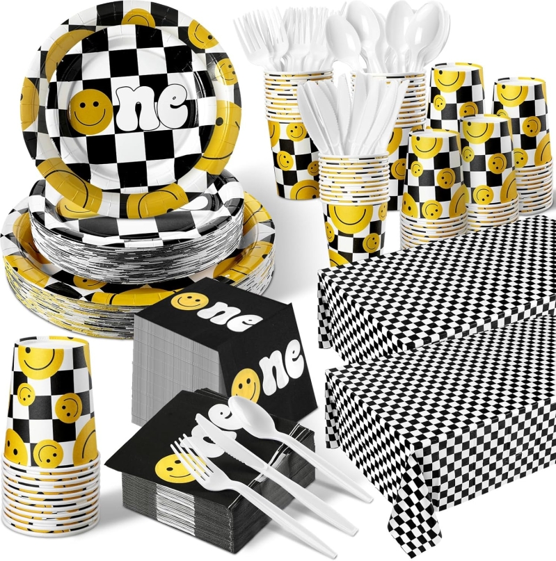 Dandat 402 Pcs Smile Face Disposable Tableware Set | Serves 50 | Black & White Checkered Party Supplies