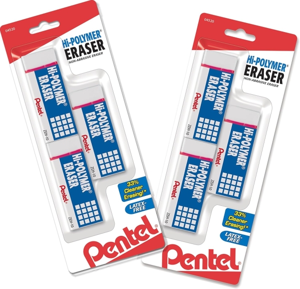 Pentel Hi-Polymer Block Eraser (6 Pack) | Large, White, Latex-Free for Clean Erasing