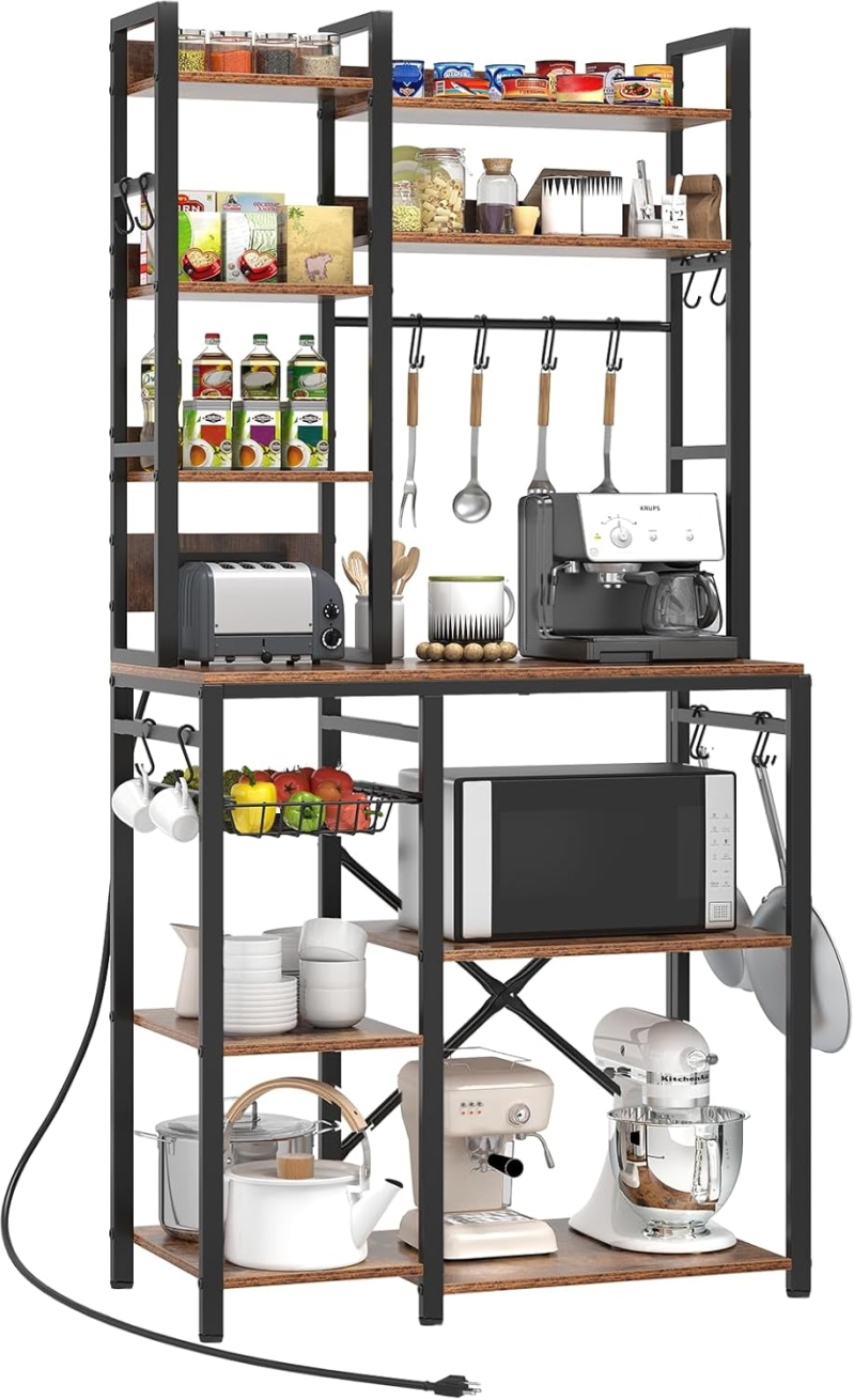 7-Tier Bakers Rack with Power Outlet | Large Microwave Coffee Bar Stand & X-Shape Stability