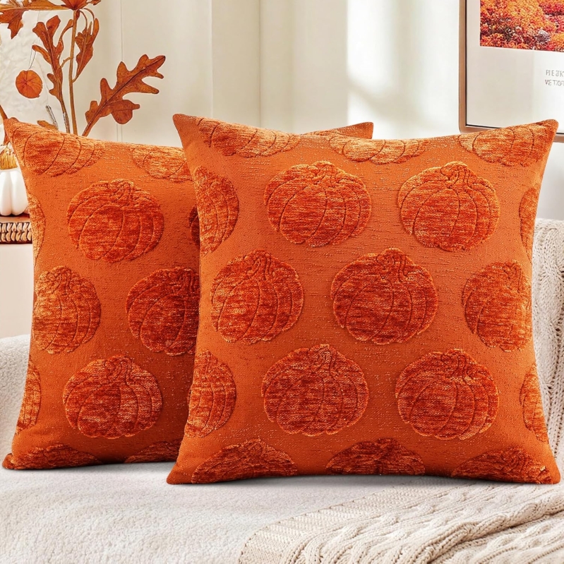 decorUhome Fall Decorative Rust Pumpkin Throw Pillow Covers 18x18 Set of 2 | Soft Chenille Jacquard