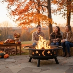 32-Inch Round Wood Burning Fire Pit with Star & Moon Design – Durable Metal Outdoor Firepit for Patio, Backyard, and Bonfires