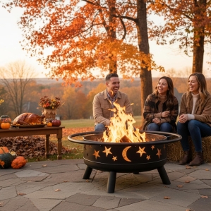 32-Inch Round Wood Burning Fire Pit with Star & Moon Design – Durable Metal Outdoor Firepit for Patio, Backyard, and Bonfires