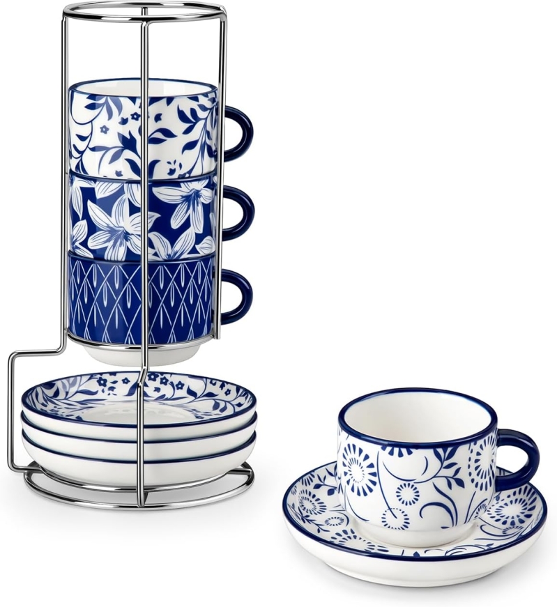 vancasso SELENE 2.5oz Espresso Cups Set of 4: Stackable Porcelain Demitasse Cups & Saucers with Metal Stand (Vintage Blue)
