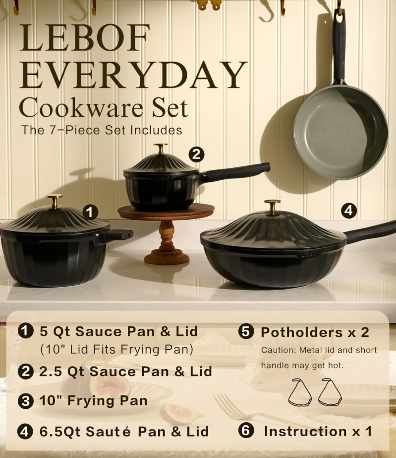 7-Piece Nonstick Ceramic Cookware Set: PFAS-Free Titanium Cast Aluminum Pots & Pans for All Stovetops (Jet Black)