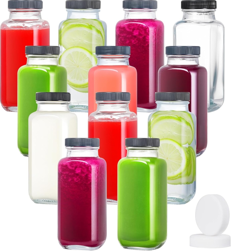 12-Pack 8oz Glass Juice Bottles with Lids: Reusable Square Drink Containers for Juicing, Kombucha & Milk Storage