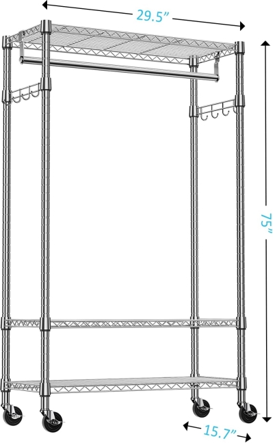 IZEUK Heavy Duty Rolling Garment Rack: 3 Adjustable Wire Shelves, Hanging Rod & Lockable Wheels (75