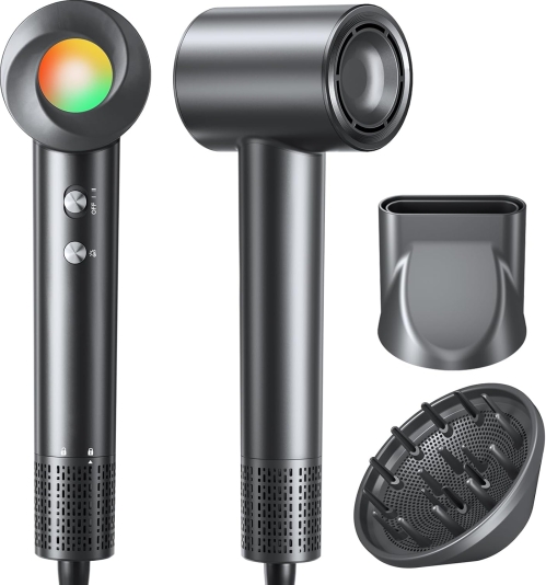 160,000 RPM High-Speed Ionic Hair Dryer: Professional 500M Negative Ion Blow Dryer with Diffuser & Nozzle (Black)