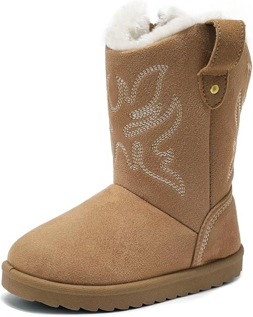 Nedaan Girls Fur Lined Suede Cowboy Boots Non-Slip Mid Calf Winter Snow Boots
