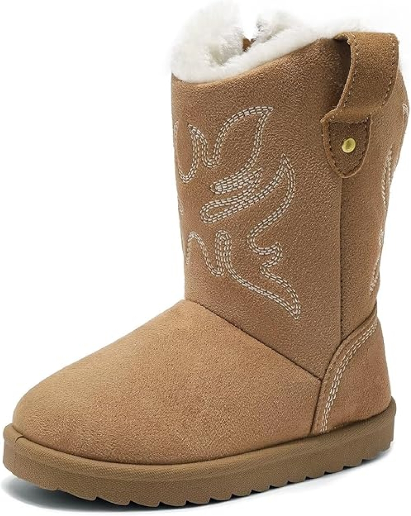 Nedaan Girls Fur Lined Suede Cowboy Boots Non-Slip Mid Calf Winter Snow Boots