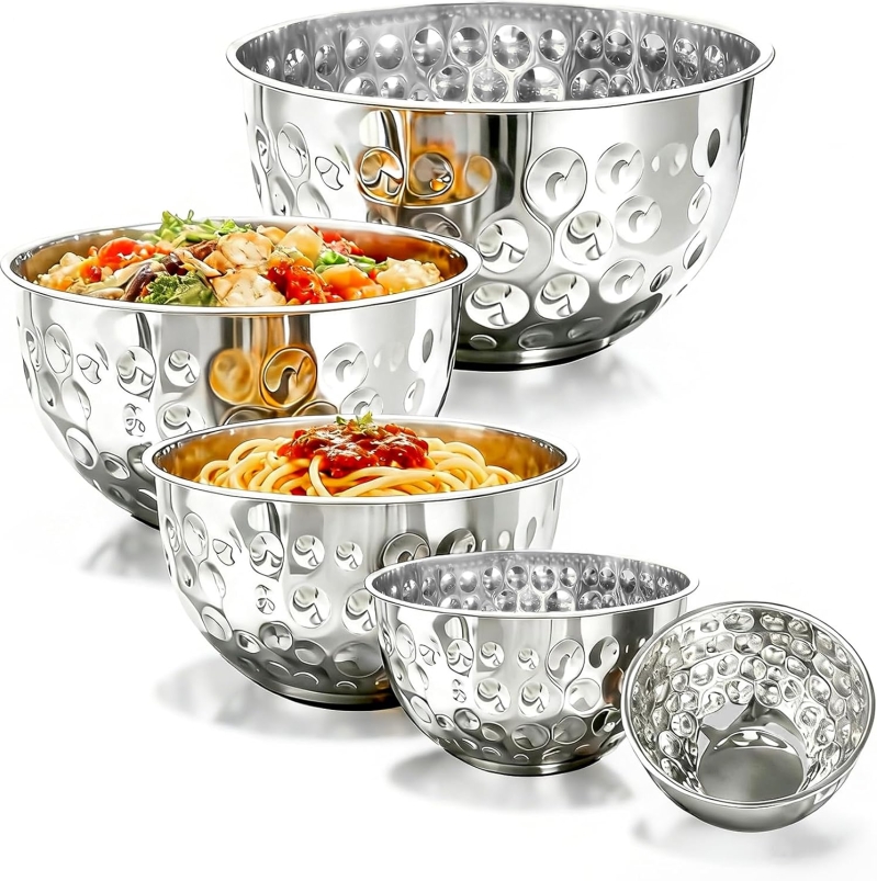 5 Piece Stainless Steel Mixing Bowls Set with Hammered Silver Finish and Nesting Design