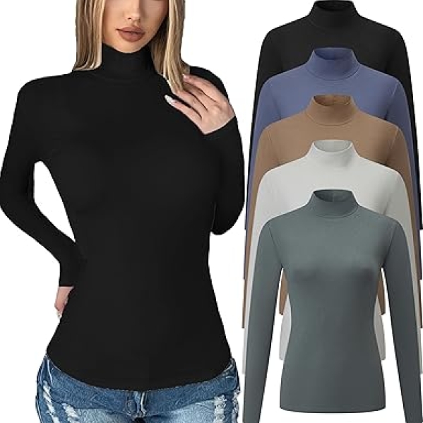5 Pack Women's Mock Turtleneck Long Sleeve Tops Slim Fit Cotton Thermal Shirts
