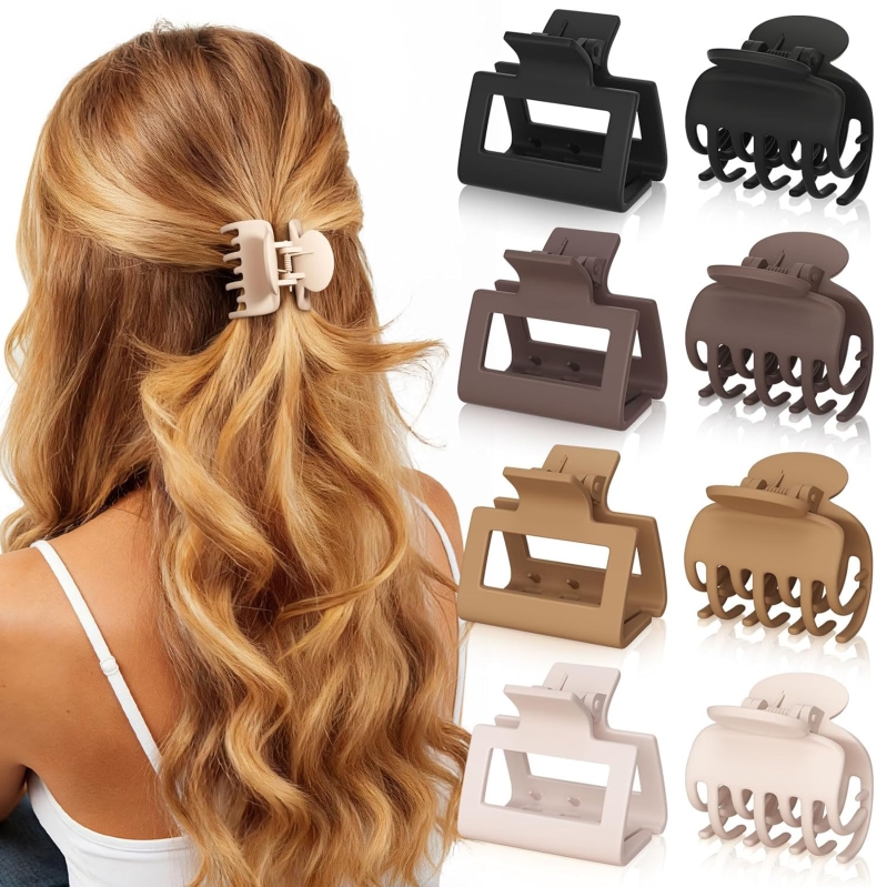 Pcs Matte Medium Hair Claw Clips for Women - Non-Slip Rectangle and Double Row Teeth