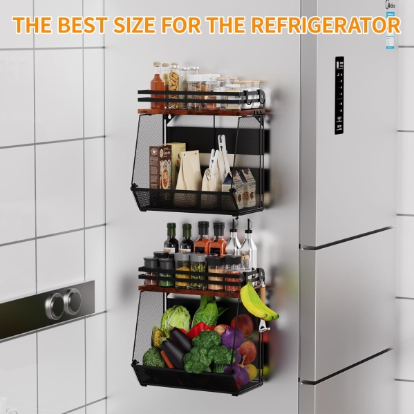 Magnetic Shelf for Fridge with Wood Lid - Heavy Duty Magnetic Spice Rack and Mesh Storage Basket